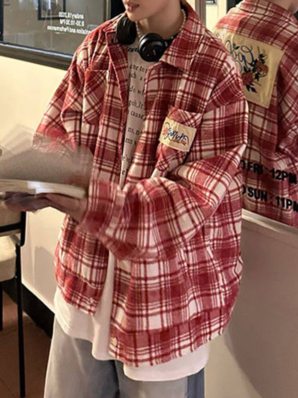 Blusa de manga larga bordada con estampado de cuadros vintage para hombre-2