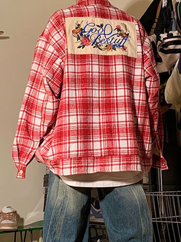 Blusa de manga larga bordada con estampado de cuadros vintage para hombre-1