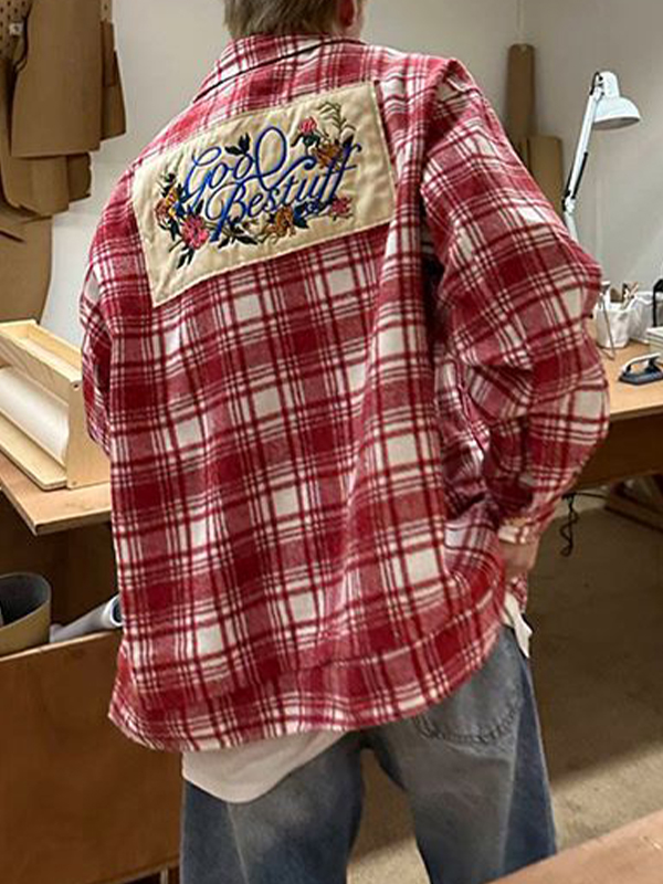 Blusa de manga larga bordada con estampado de cuadros vintage para hombre-3