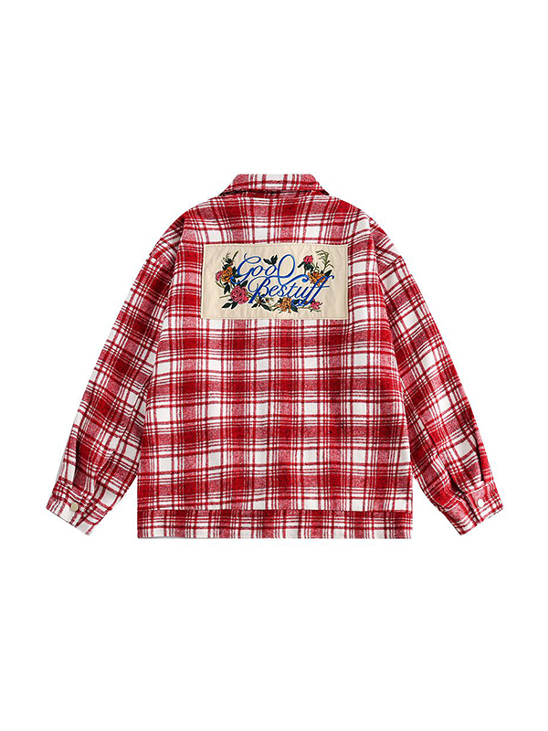 Blusa de manga larga bordada con estampado de cuadros vintage para hombre-6