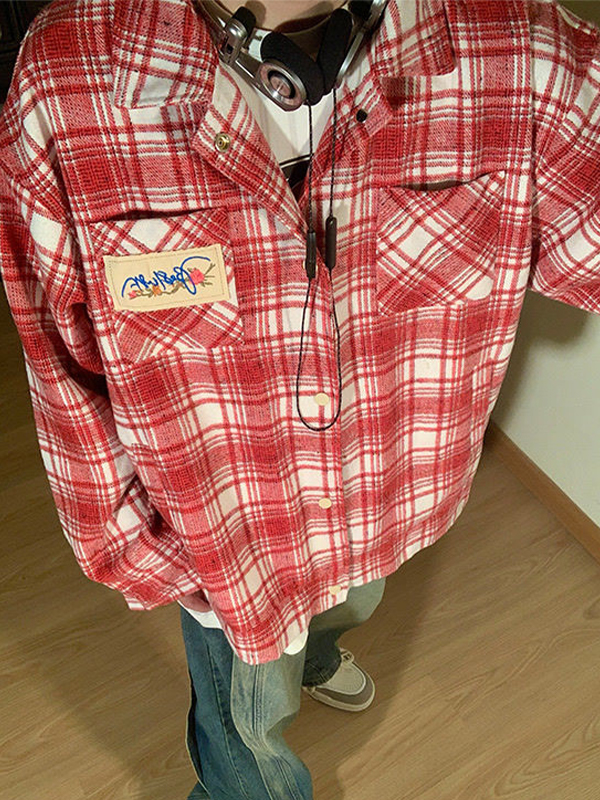Blusa de manga larga bordada con estampado de cuadros vintage para hombre-4