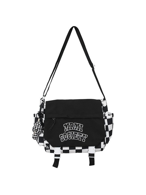 Bolso bandolera de nailon a cuadros con correa de hebilla-4