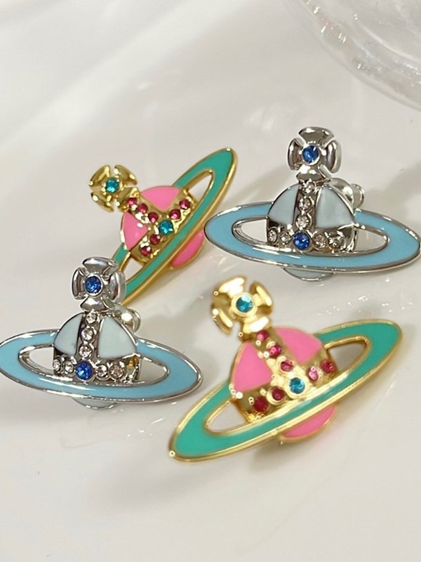 Aretes con dije de Saturno con diamantes de imitación esmaltados-2