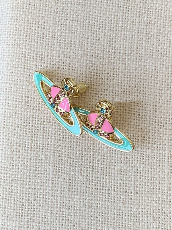 Aretes con dije de Saturno con diamantes de imitación esmaltados-1